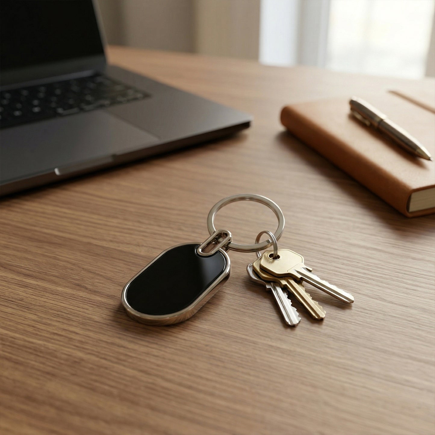 Wukusy premium metal keychain with engraved design, shown alongside a sleek gift box for presentation and storage.