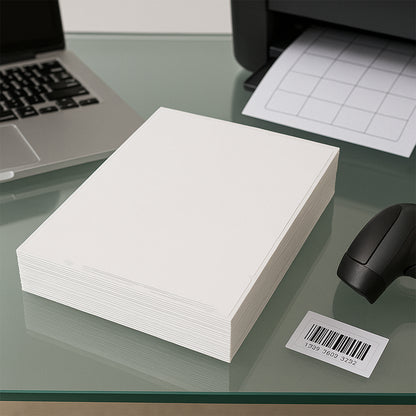 A4 size self-adhesive printable label sheets by Wukusy, shown stacked with labels ready for office use.