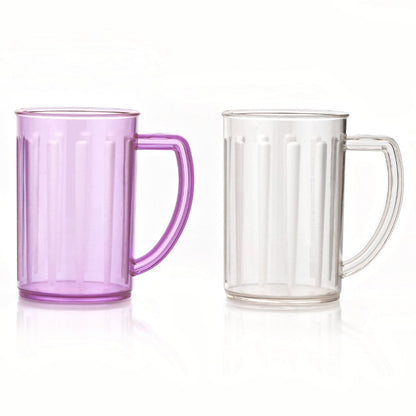 Set of two Wukusy clear juice glasses with handles, unbreakable plastic, suitable for water, beer, milkshakes, and kids.