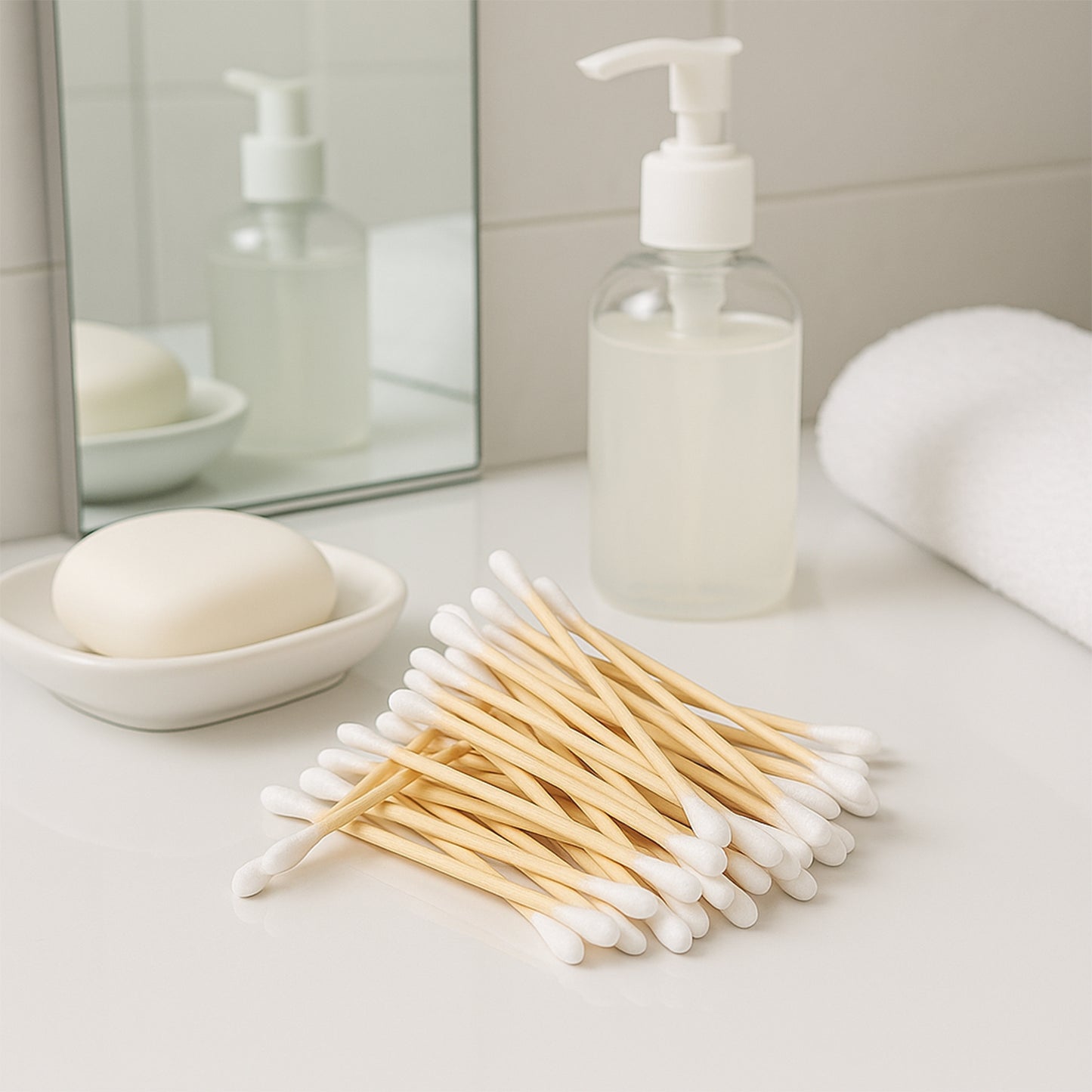 Eco-friendly wooden cotton ear buds from Wukusy, 100-pack, showing natural wooden sticks and soft cotton tips.