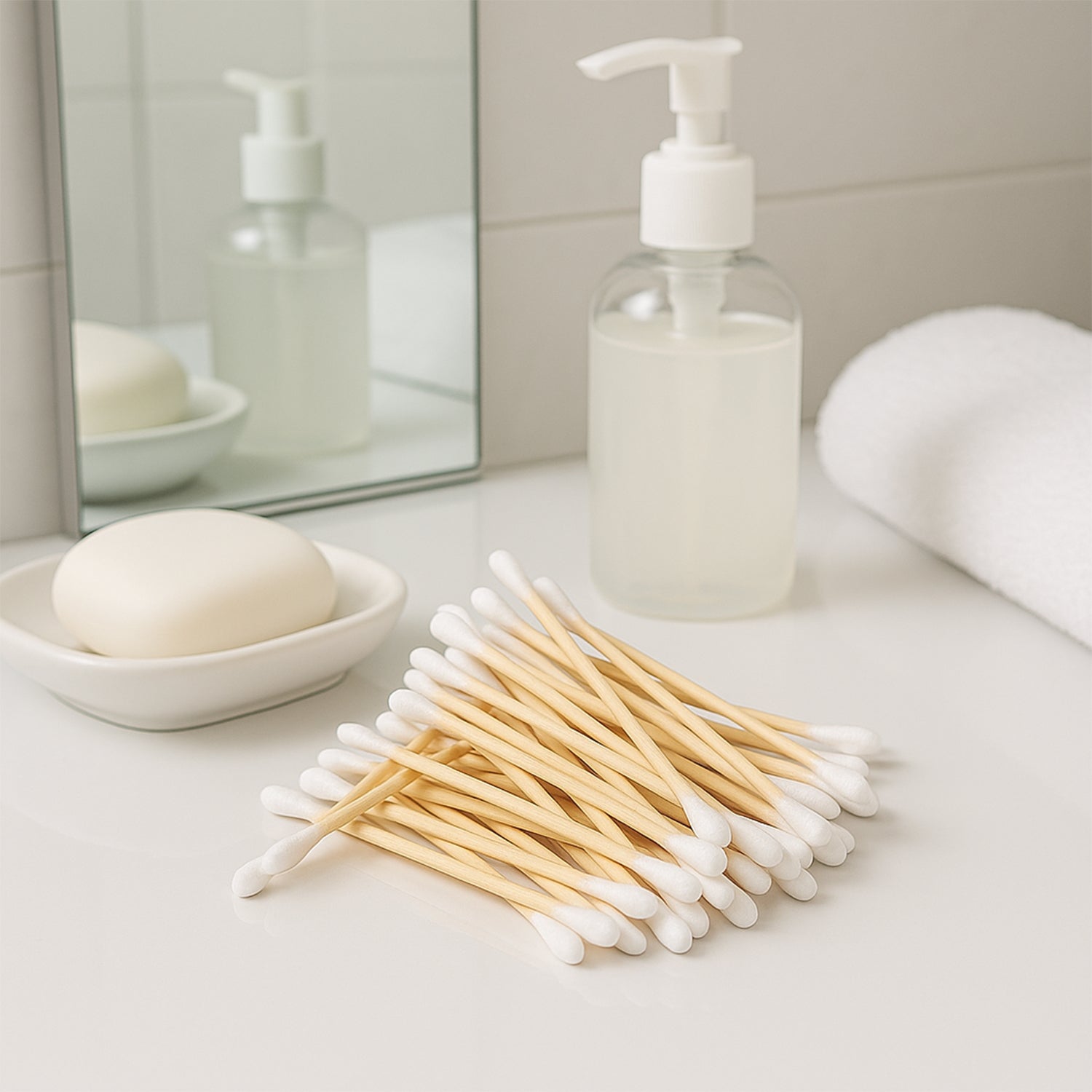 Eco-friendly wooden cotton ear buds from Wukusy, 100-pack, showing natural wooden sticks and soft cotton tips.