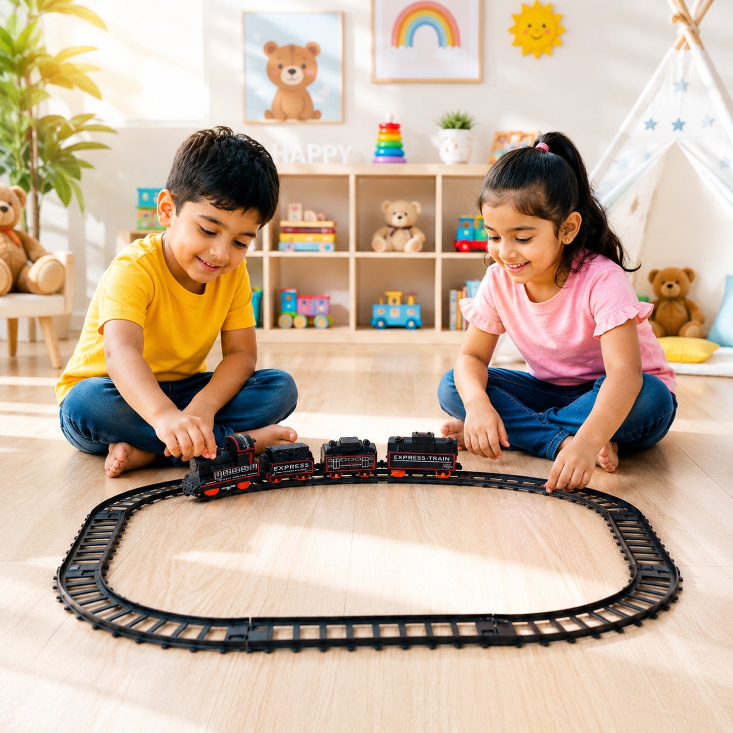 Wukusy Battery Opera Express train track play set with lights and sounds, featuring colorful train and track pieces for kids.
