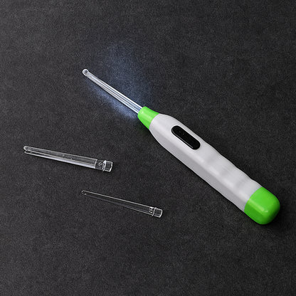 Wukusy 5-in-1 LED flashlight ear pick with interchangeable transparent ear wax removal heads and built-in light for safe cleaning.