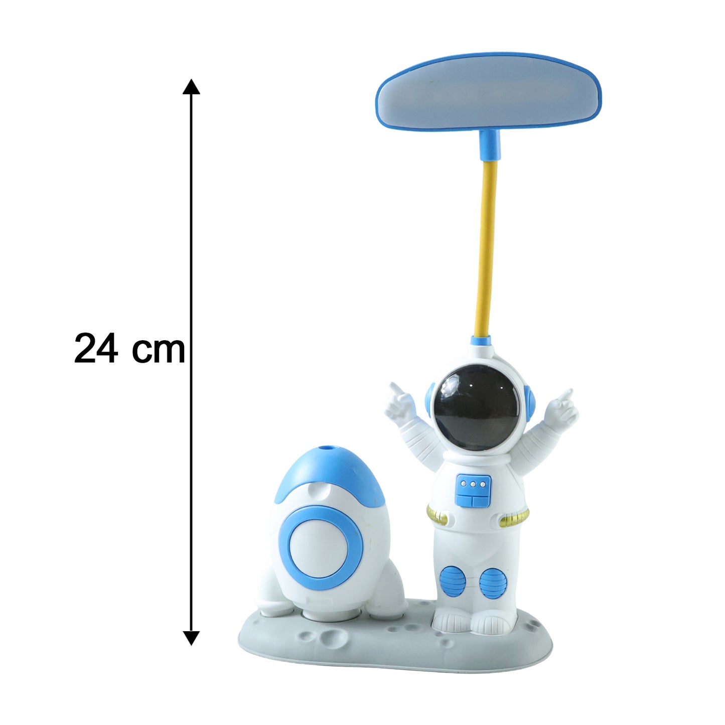 Kids astronaut LED study table lamp with built-in pencil sharpener, featuring a fun astronaut design and adjustable lighting.
