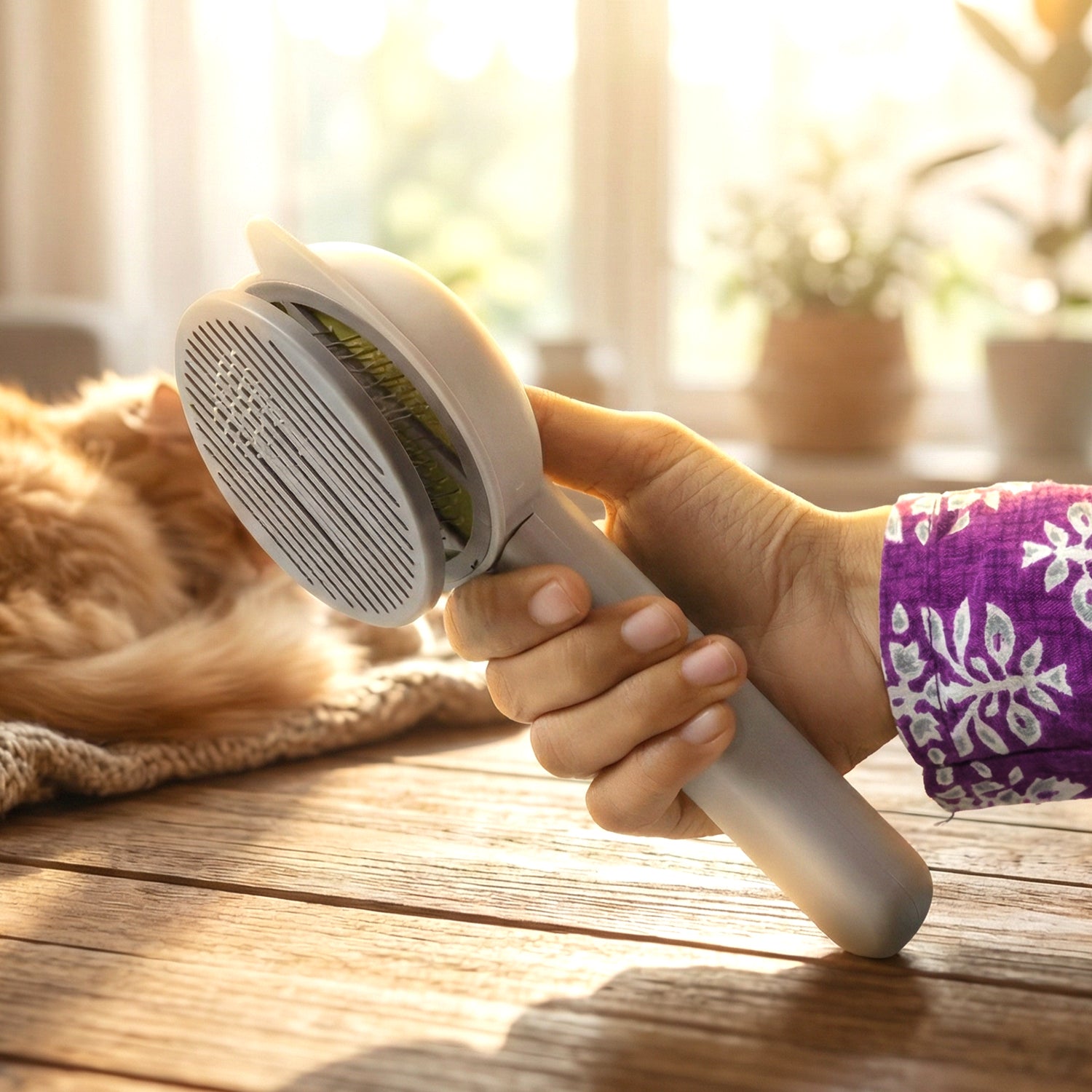 Wukusy soft pet hair removal needle comb with fine metal teeth for grooming cats and dogs, close-up image showing comb's teeth.