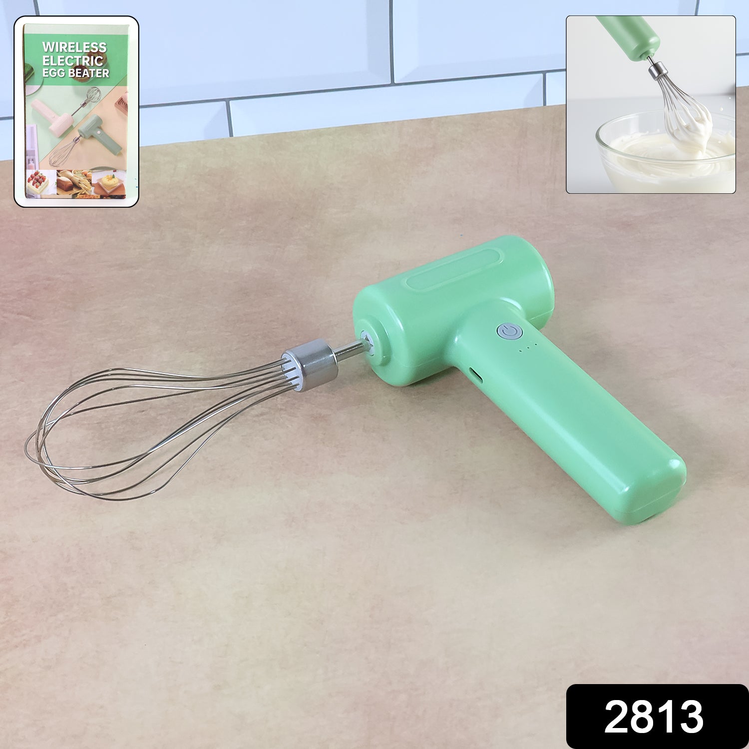Wukusy cordless electric whisk and egg beater for kitchen use, featuring a sleek design with stainless steel beaters.