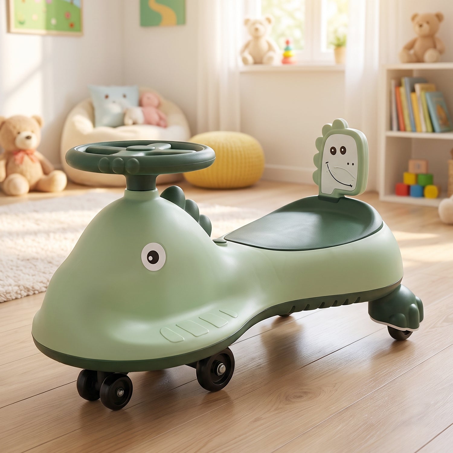 Kids dinosaur swing car ride-on toy from Wukusy with music, steering wheel, and colorful dinosaur design, perfect for active play.
