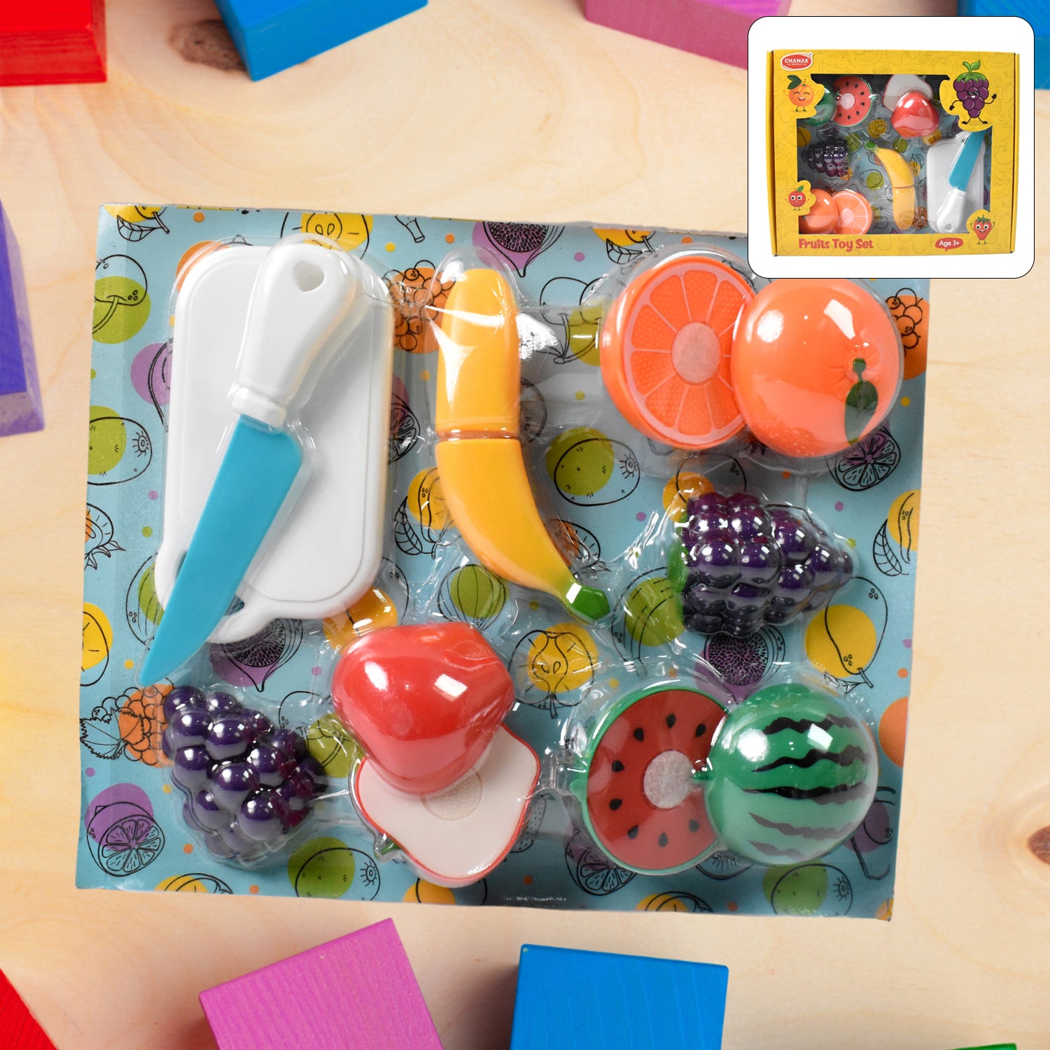 Set of 7 realistic sliceable fruit toys by Wukusy, including apples, oranges, and bananas with wooden blades for pretend play.