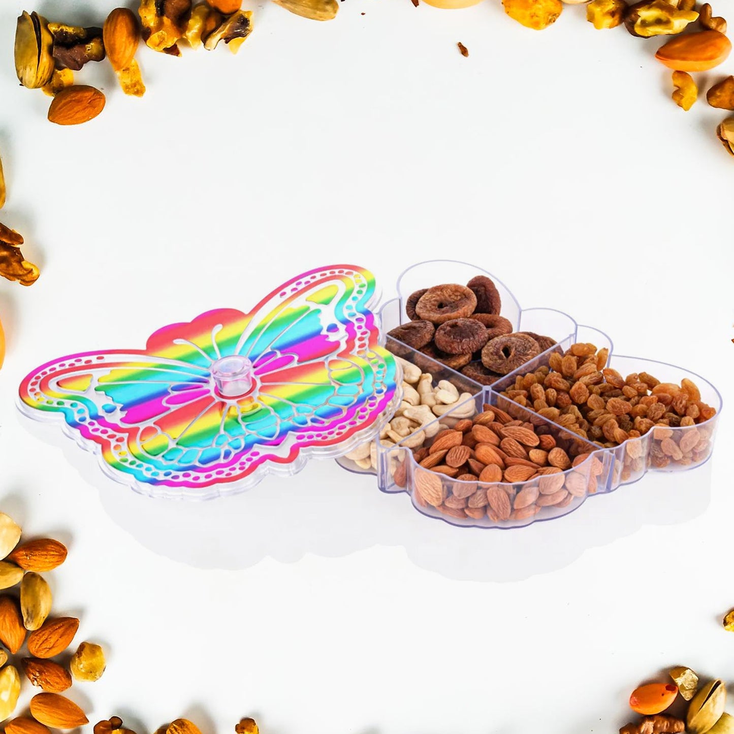 Wukusy butterfly-shaped 4-compartment dry fruit box, a versatile kitchen tool for organizing nuts and snacks.
