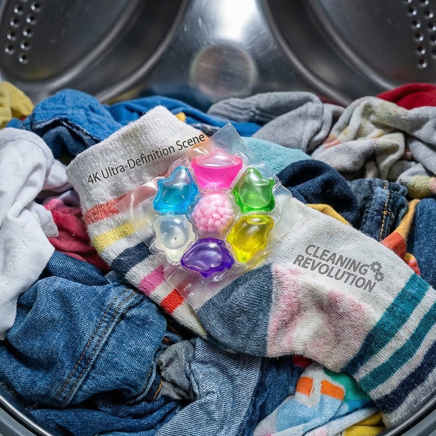 Colorful laundry detergent pods from Wukusy, showing 25 bright, multi-colored pods in a clear container.