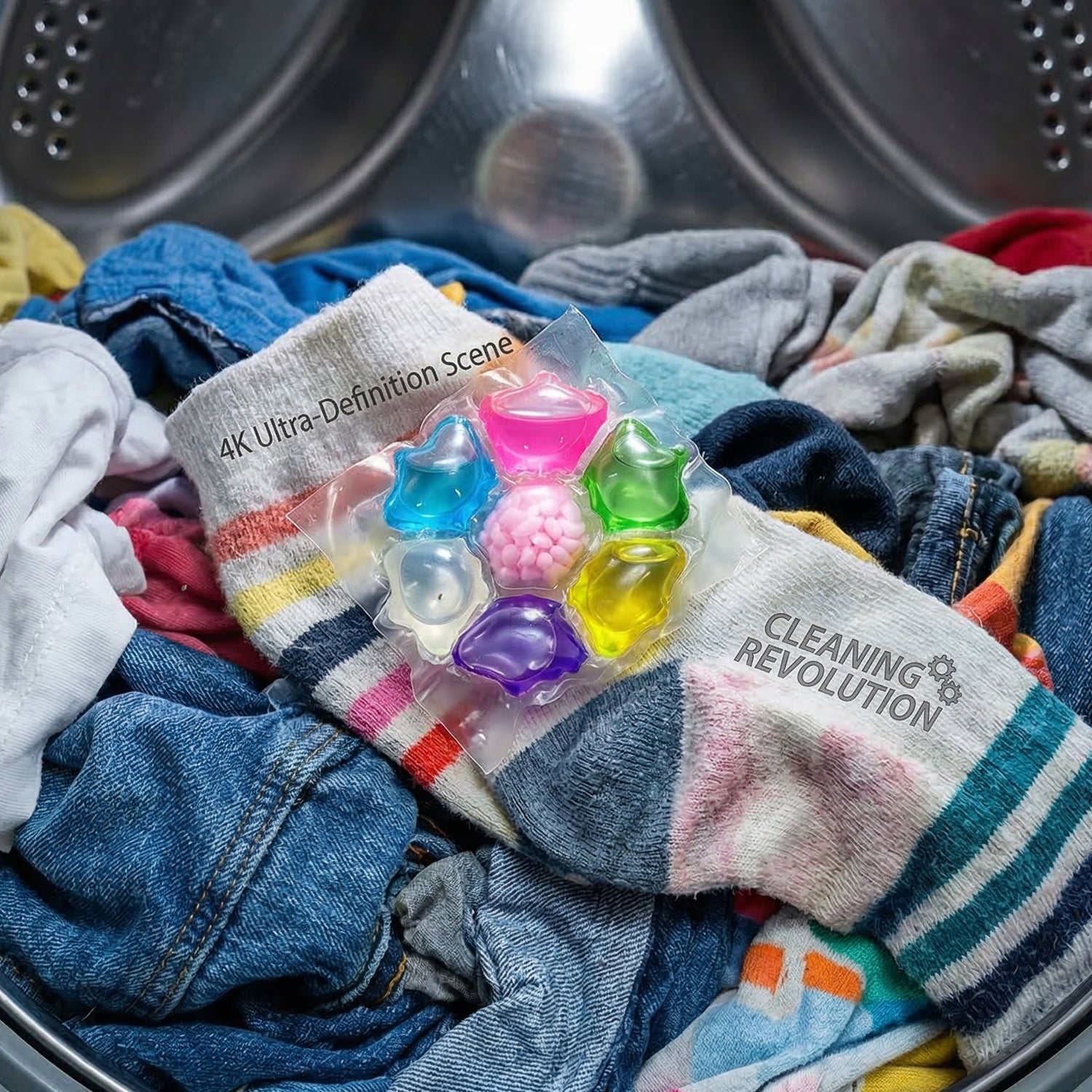 Colorful laundry detergent pods from Wukusy, showing 25 bright, multi-colored pods in a clear container.