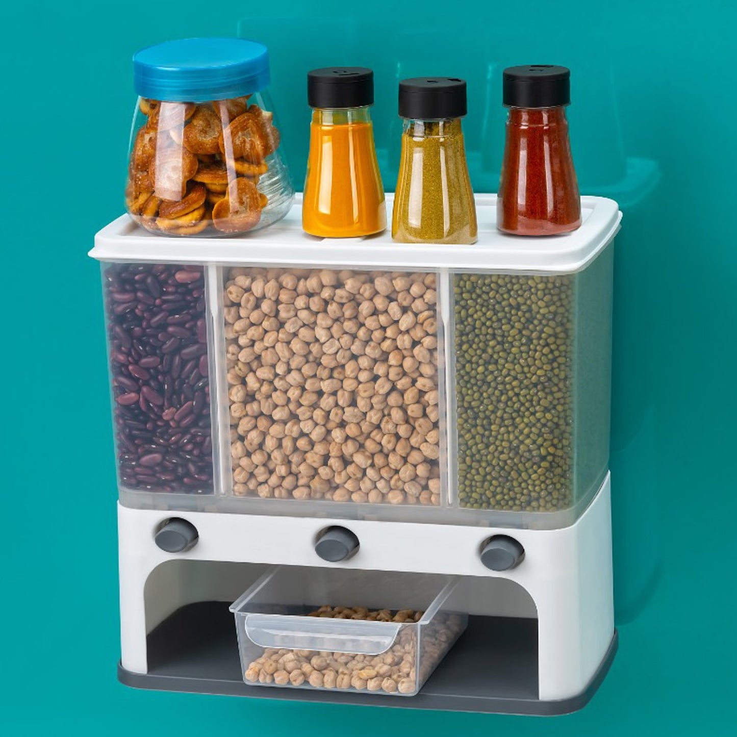 Wukusy 2550 Easy Flow cereal dispenser with push button, wall-mount kitchen tool, 3-in-1 container for easy cereal dispensing