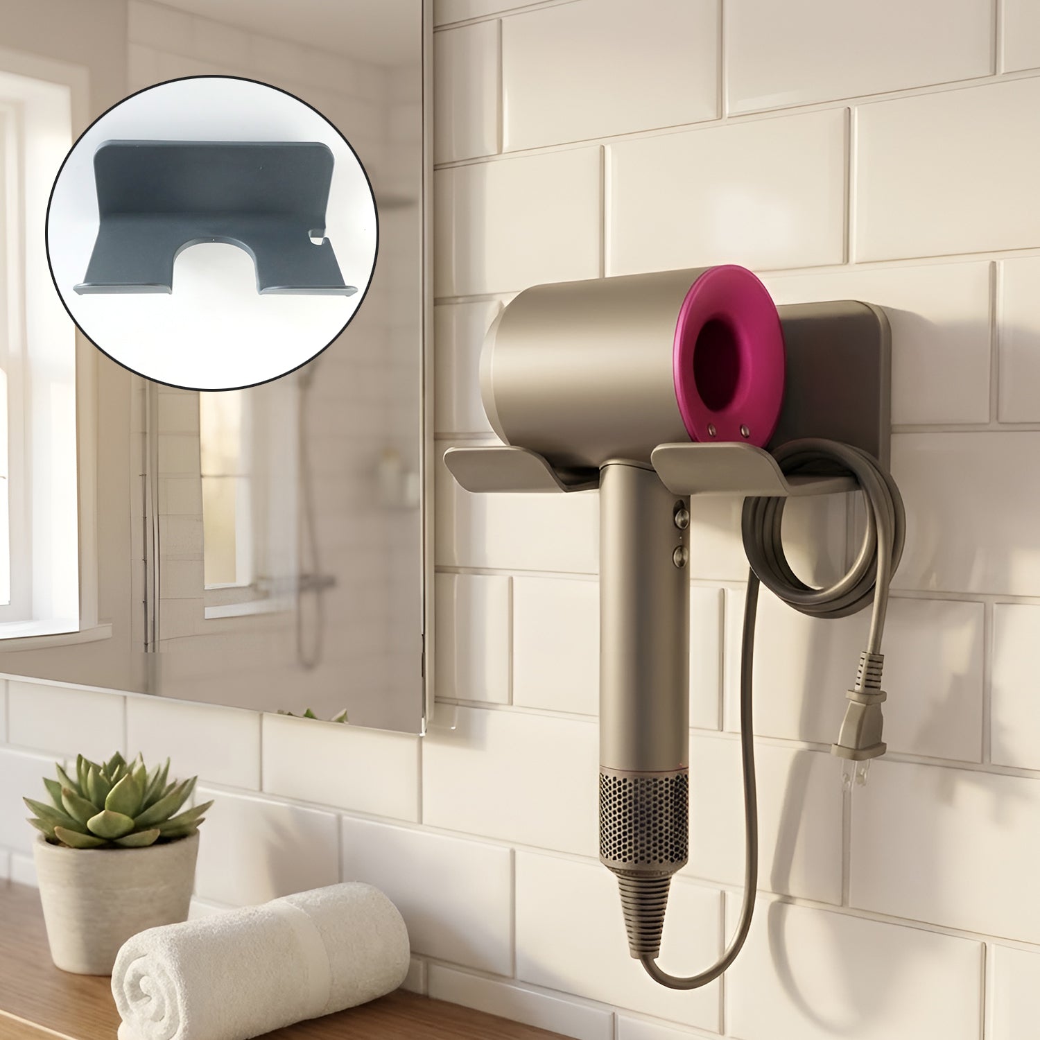 Wall-mounted Wukusy hair dryer holder showing sleek design and mounting bracket for organized bathroom storage.