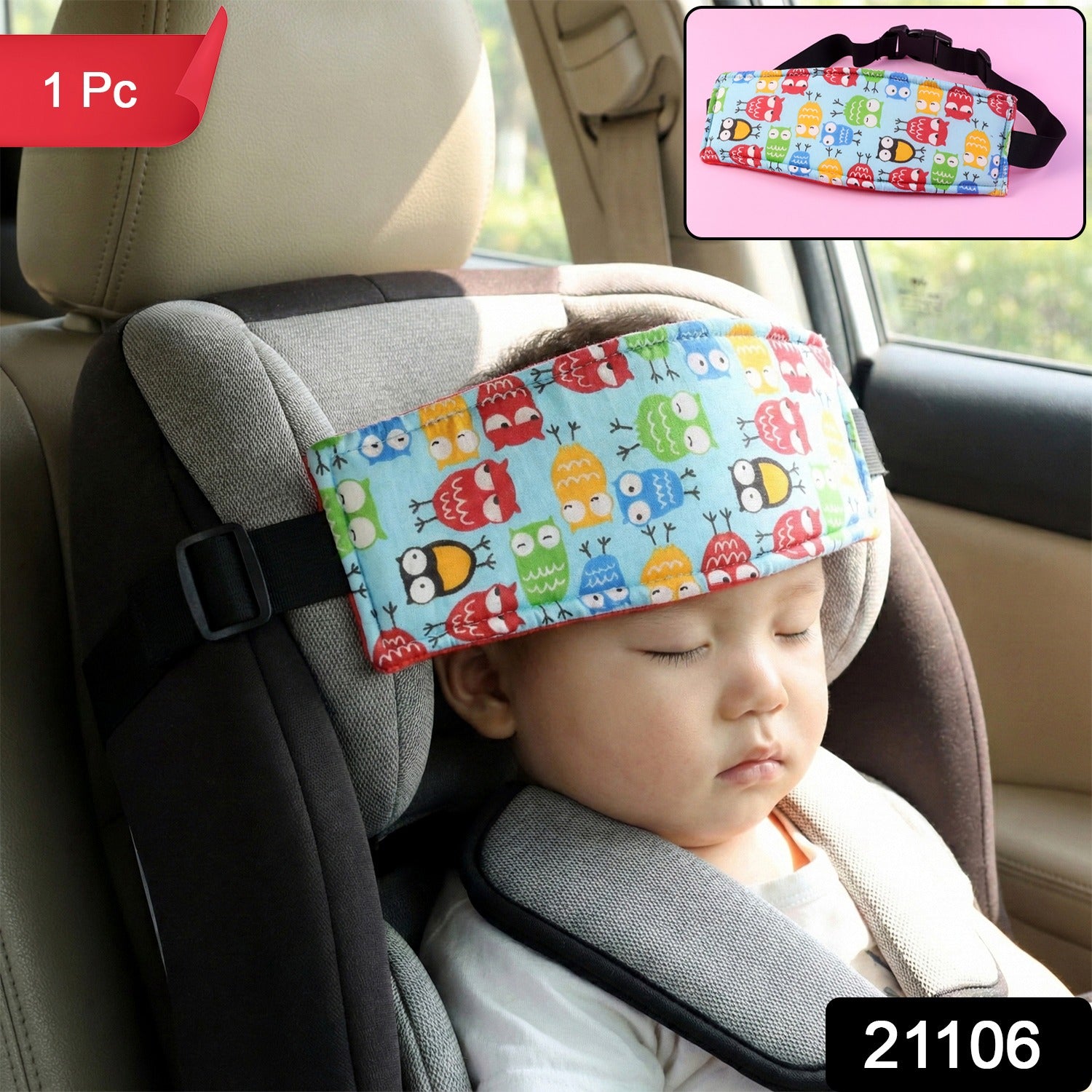 Adjustable Wukusy baby car seat head support strap attached to a car seat for infant comfort and safety.