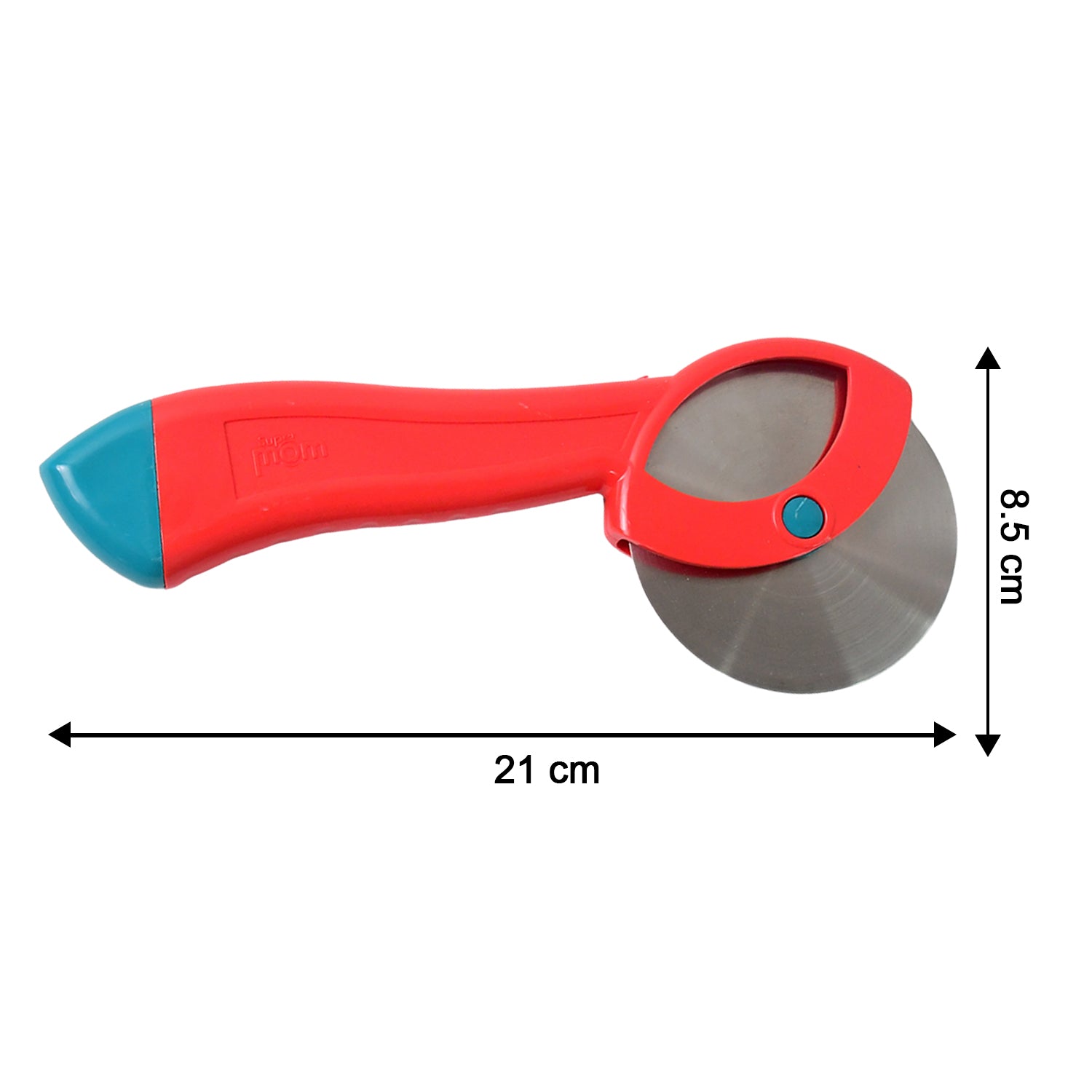 Wukusy Suppermom stainless steel pizza cutter with ergonomic handle, showcasing its sharp circular blade and comfortable grip.