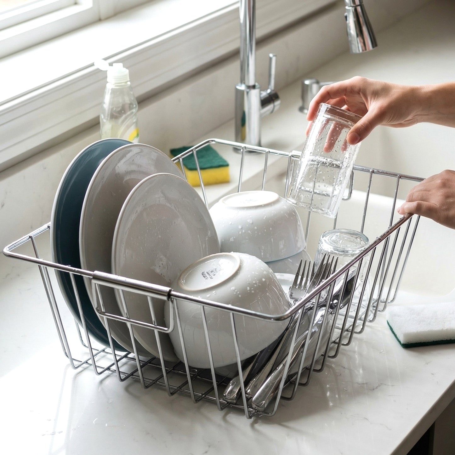 Wukusy stainless steel kitchen sink basket, 12x15 inch, for draining and organizing utensils or produce in a modern kitchen sink.