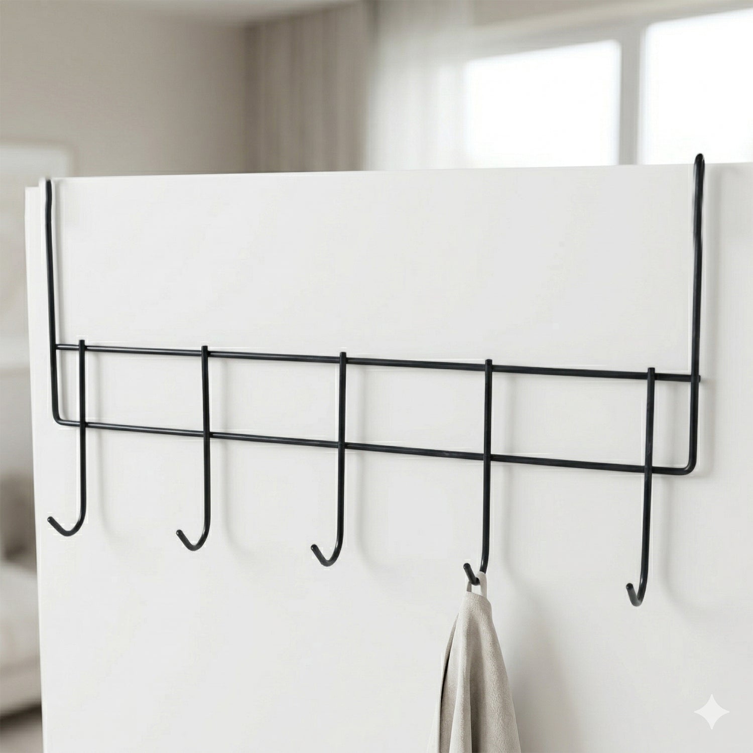 Wukusy premium over-the-door metal hook rack with five hooks for organizing coats, bags, and accessories.