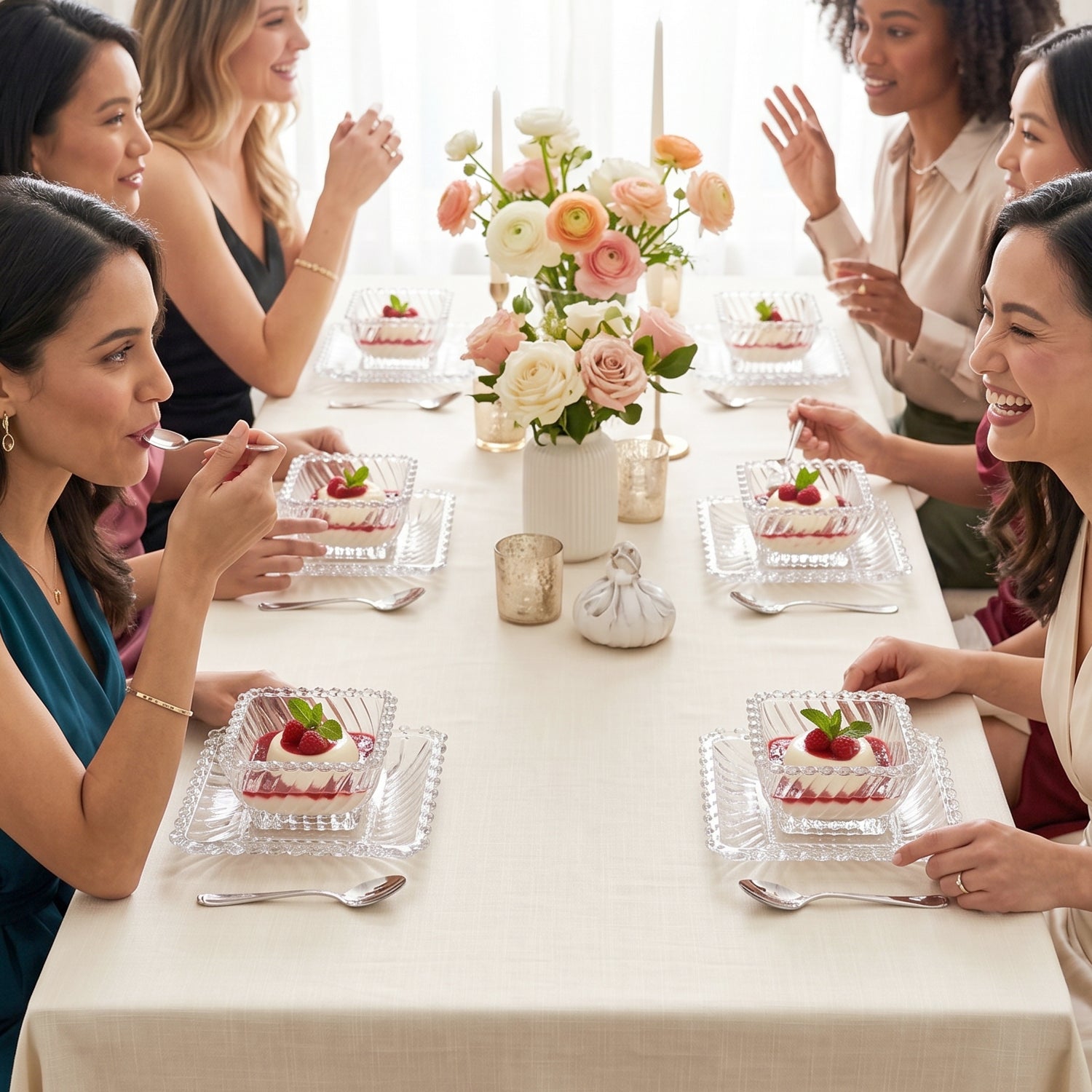 Wukusy Royal Premium glassware serving plate and bowl set with 12 pieces, clear elegant glass with intricate design details.