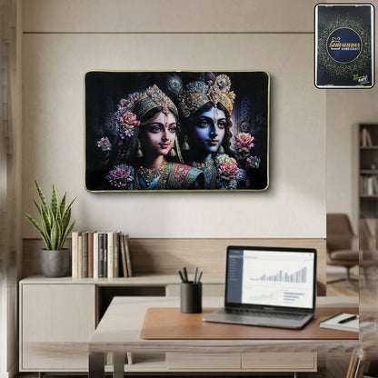 Decorative Radha Krishna wall painting frame by Wukusy, 45x30 cm, featuring vibrant traditional Indian artwork for home decor.