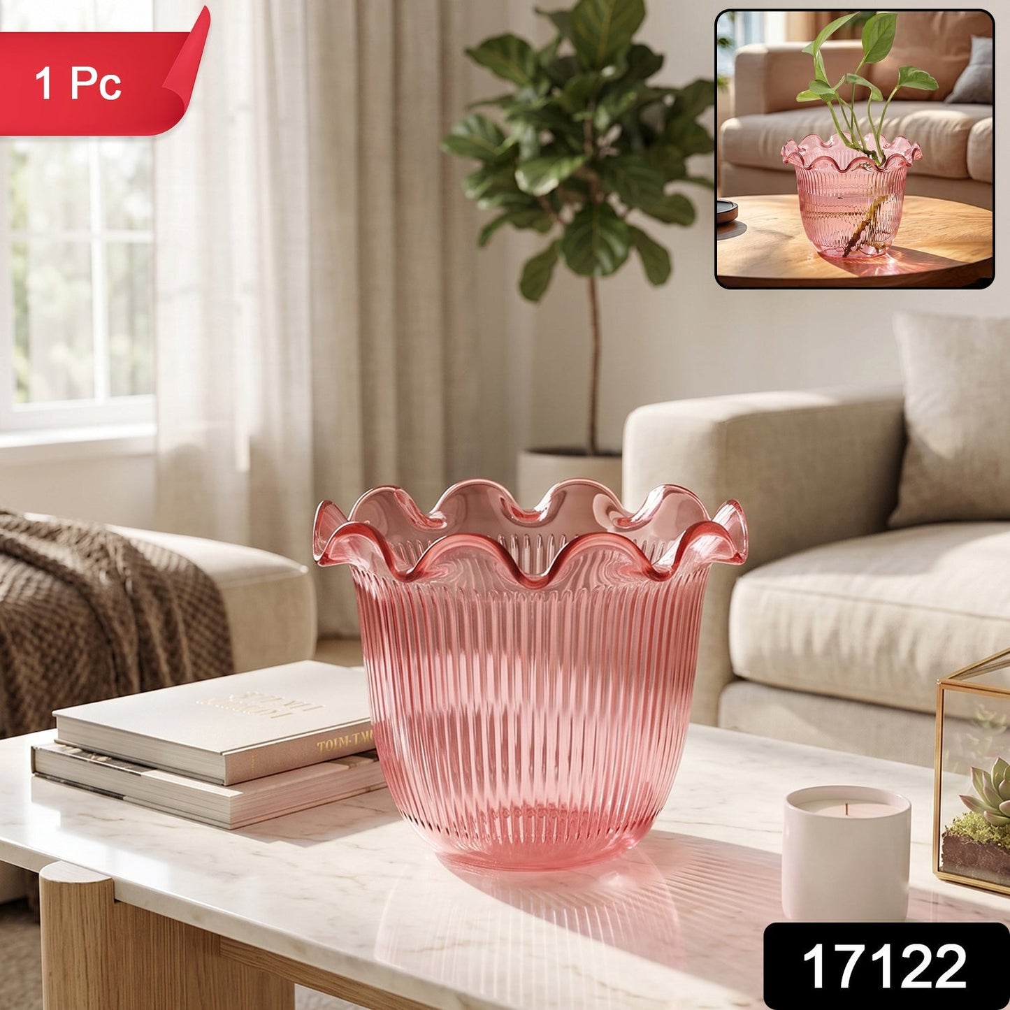 Decorative ruffled flower pot planter by Wukusy with floral design, perfect for home table and plant decor, single piece.