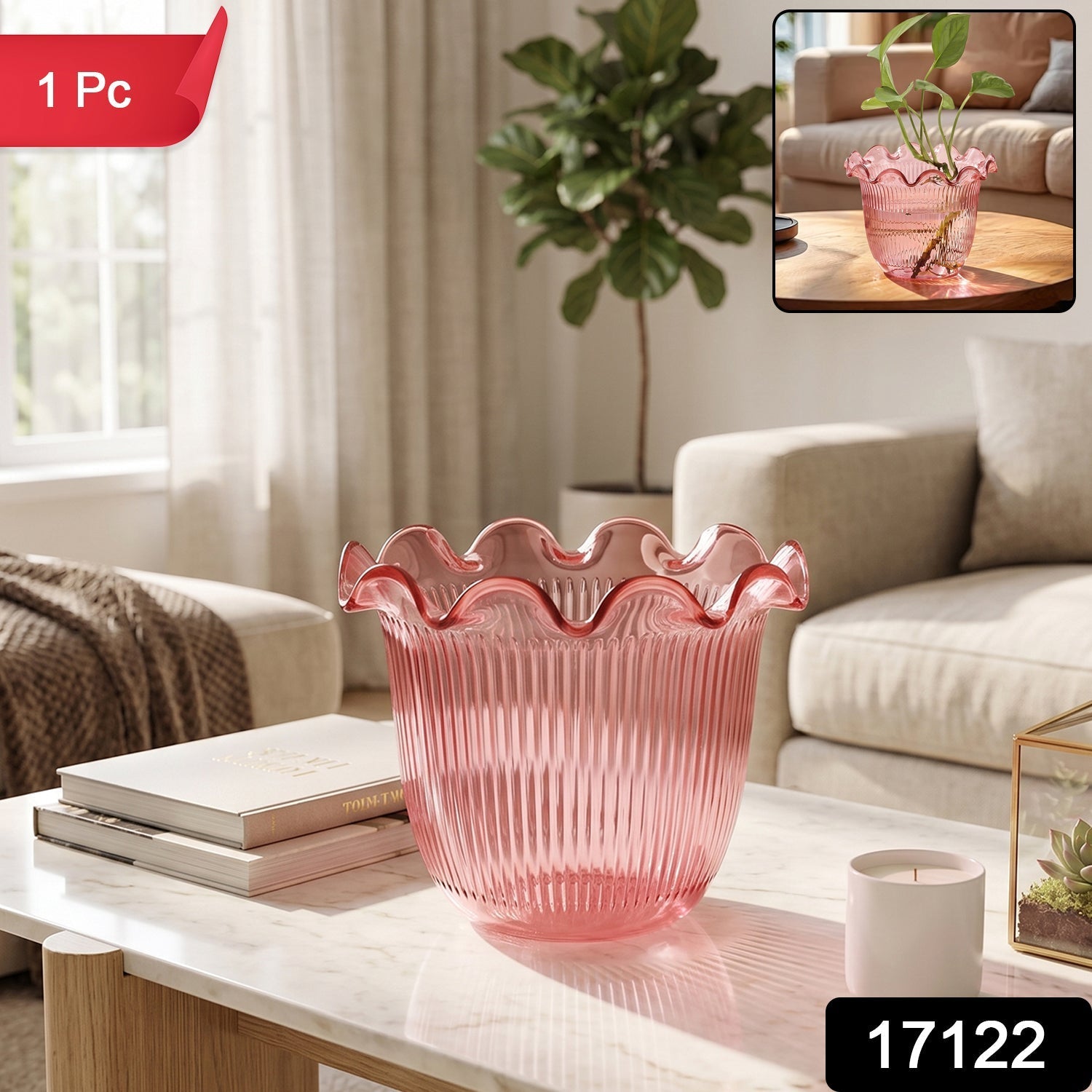 Decorative ruffled flower pot planter by Wukusy with floral design, perfect for home table and plant decor, single piece.
