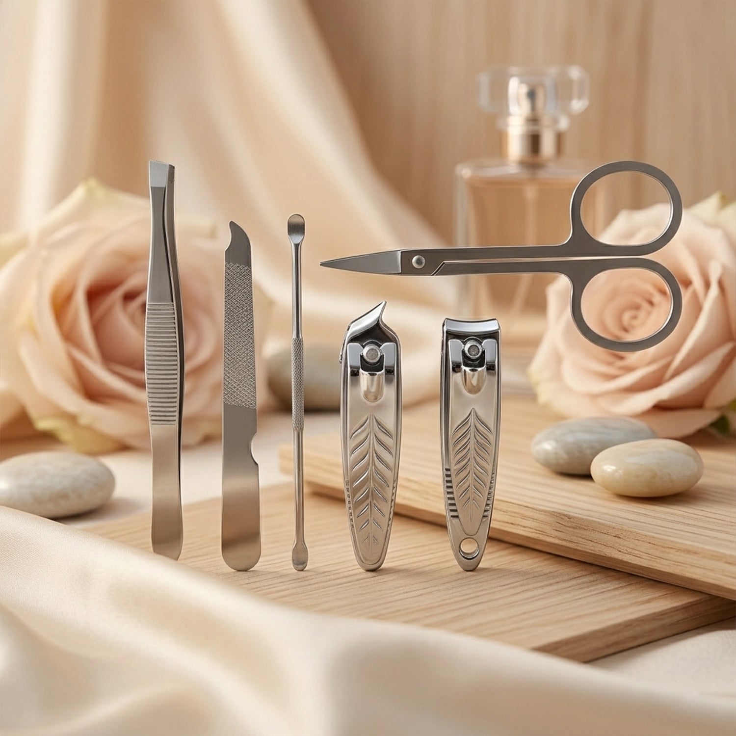 Wukusy Premium 7-in-1 manicure pedicure nail care kit with various tools for grooming and nail maintenance.