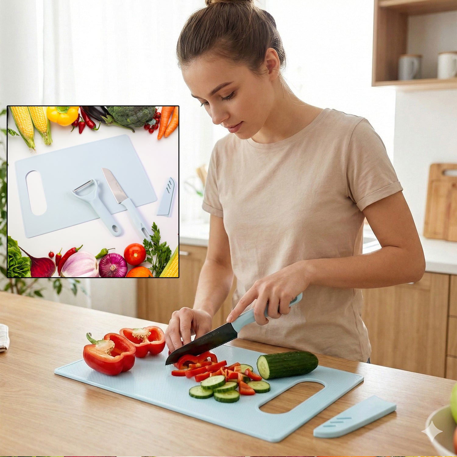 Wukusy 3-in-1 kitchen knife and chopping board set with a knife, chopping board, and storage container on a kitchen countertop
