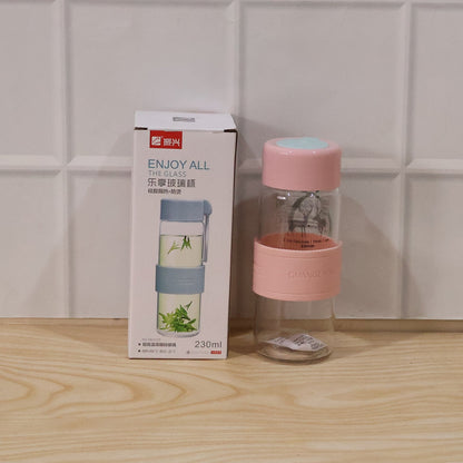 Wukusy portable glass water bottle with 230ml capacity, silicone sleeve, and carry strap for easy hydration on the go.