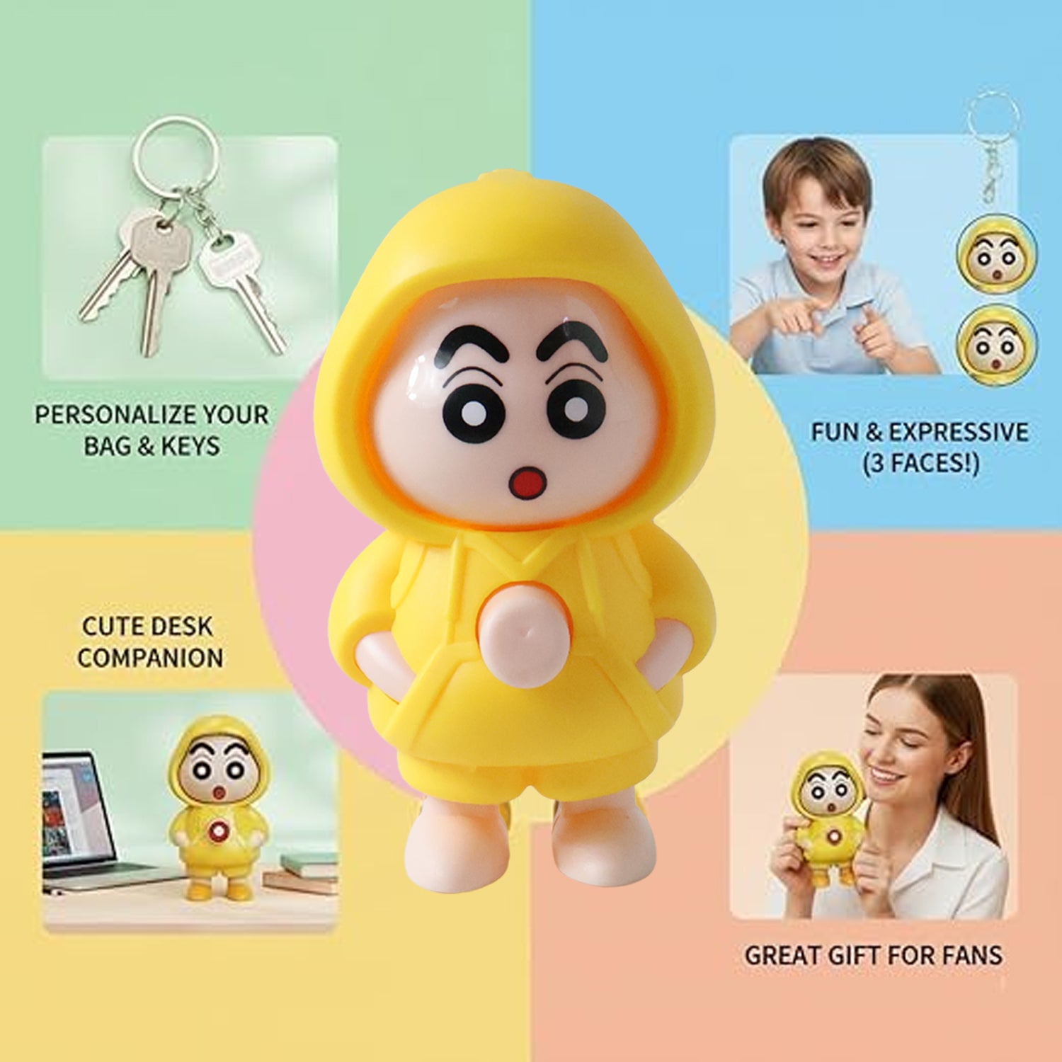Wukusy cute face-changing doll keychain toy showing a playful, colorful character with expressive facial features on a keyring.