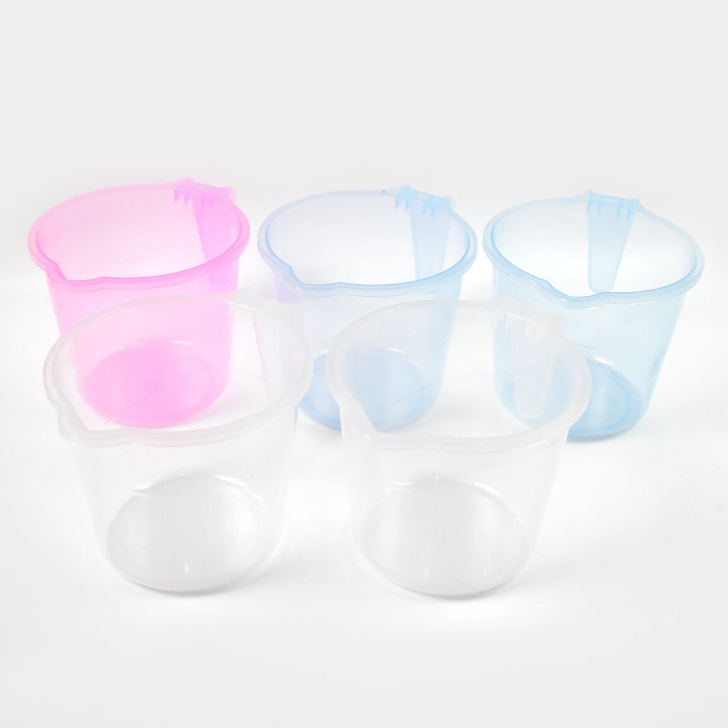 Set of five transparent plastic round bath water mugs in mixed colors, each with 1200ml capacity, from Wukusy for home and kitchen use.