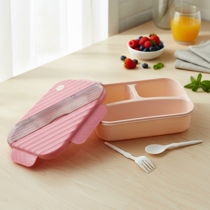 Plastic 3-compartment kids lunch box by Wukusy with colorful sections for snacks and meals, durable and lightweight for children.