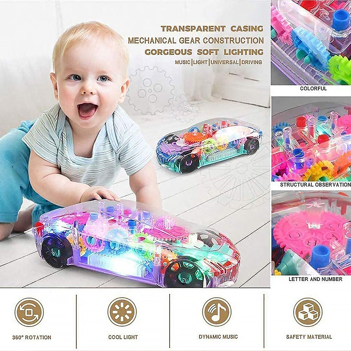 Wukusy 17793 automatic transparent gear concept car toy for kids, featuring 360° rotation, colorful lights, and musical functions.