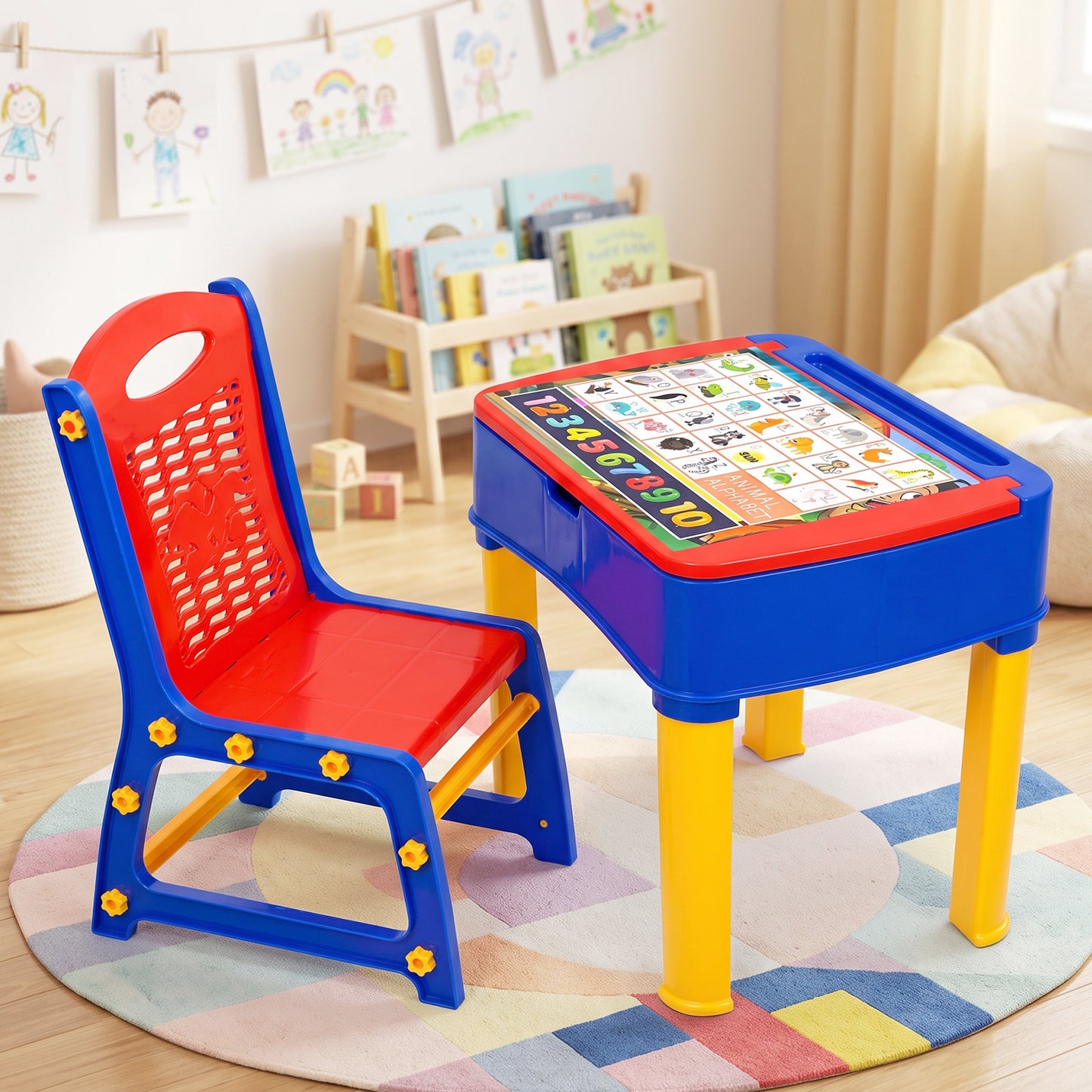 Wukusy 2-in-1 plastic kids study table and chair set with learning board, featuring colorful design and ergonomic features.