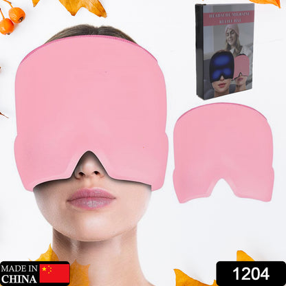Wukusy migraine relief hat worn on head, featuring ice wrap for tension headache, sinus pain, and puffy eyes, stress relief.