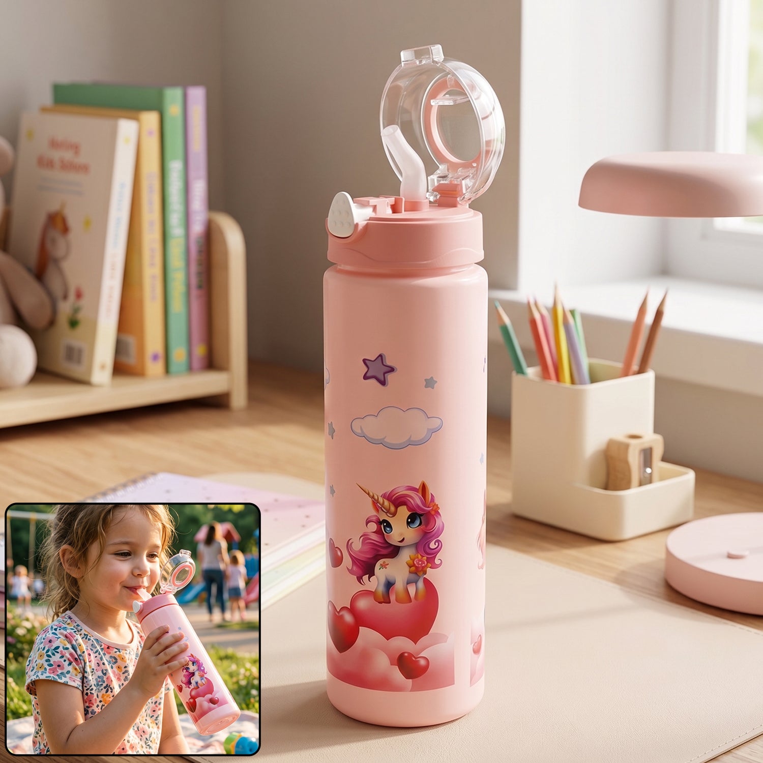 Wukusy cartoon printed kids water bottle with flip top lid and straw, 500 ml capacity, colorful and fun design for children