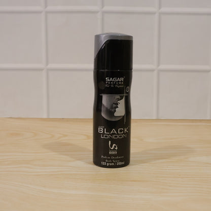 Wukusy Sagar Just Black London men's perfume body spray and deodorant, 200ml bottle with sleek black design.