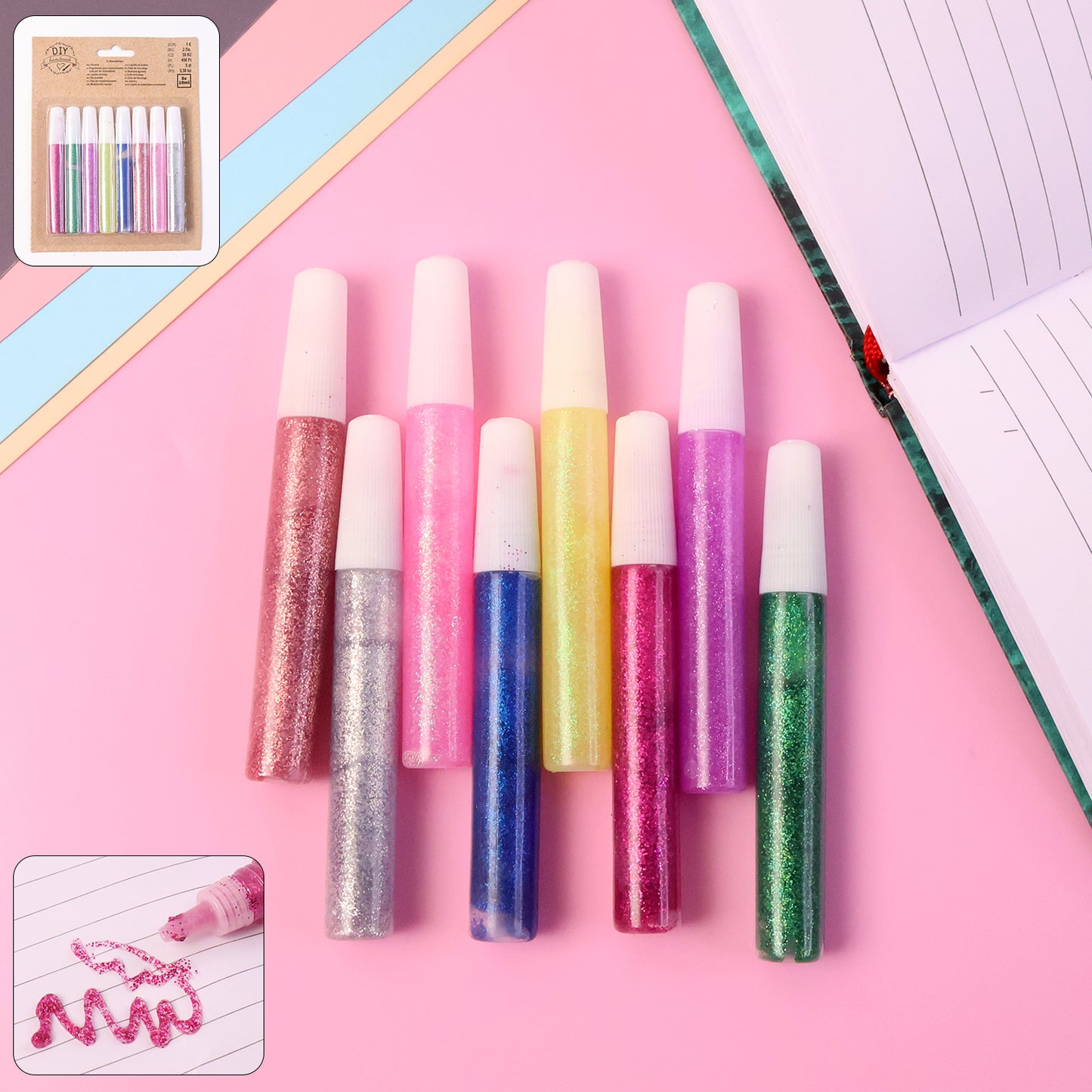 Wukusy DIY multi-color glitter craft glue pen set with eight 10ml pens, ideal for office and craft projects, featuring vibrant glitter colors.