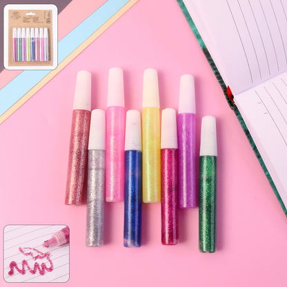 Wukusy DIY multi-color glitter craft glue pen set with eight 10ml pens, ideal for office and craft projects, featuring vibrant glitter colors.