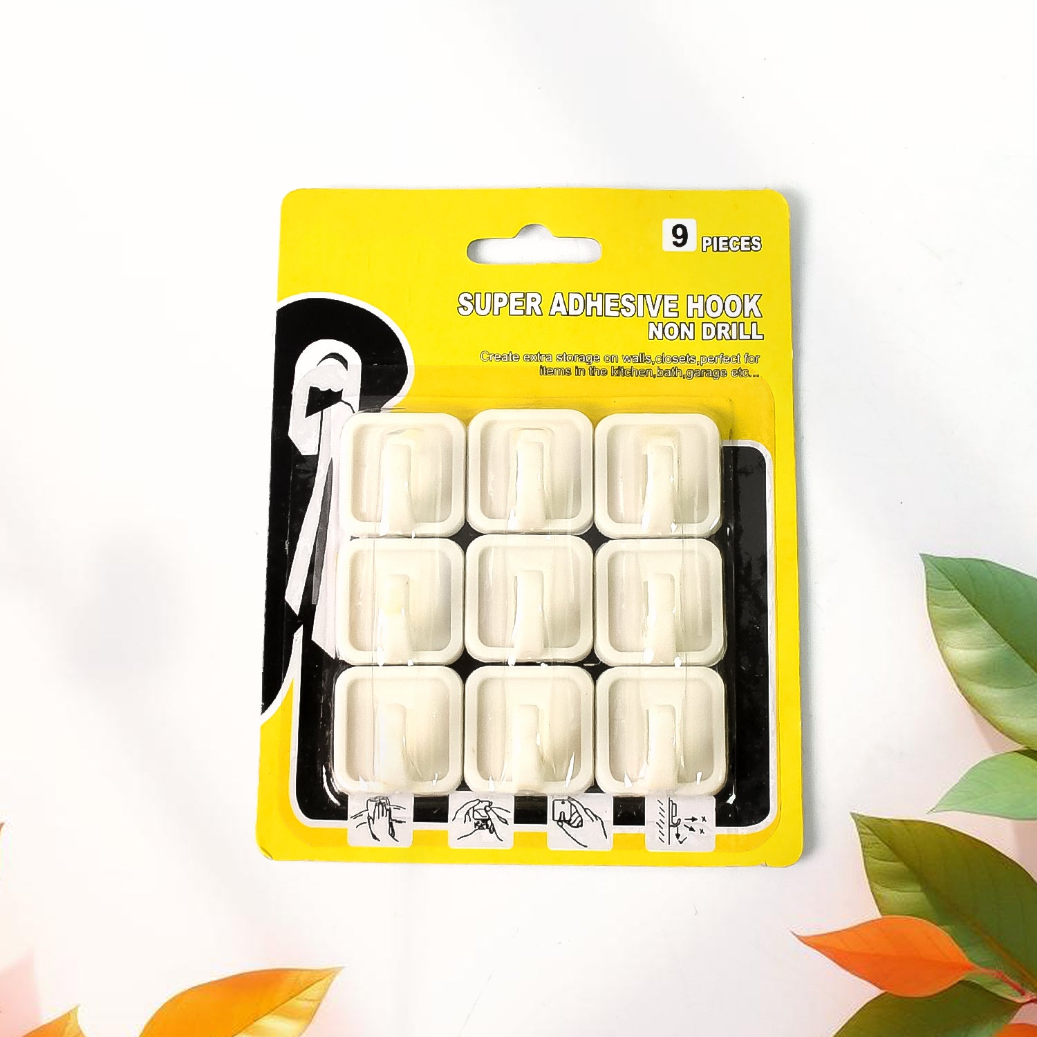 Set of nine Wukusy adhesive hooks for wall hanging clothes, strong and easy to install on various surfaces.