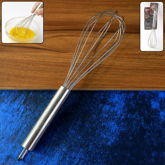 Wukusy Supermom premium stainless steel wire whisk for baking and cooking, with a durable, polished handle and multiple wire loops