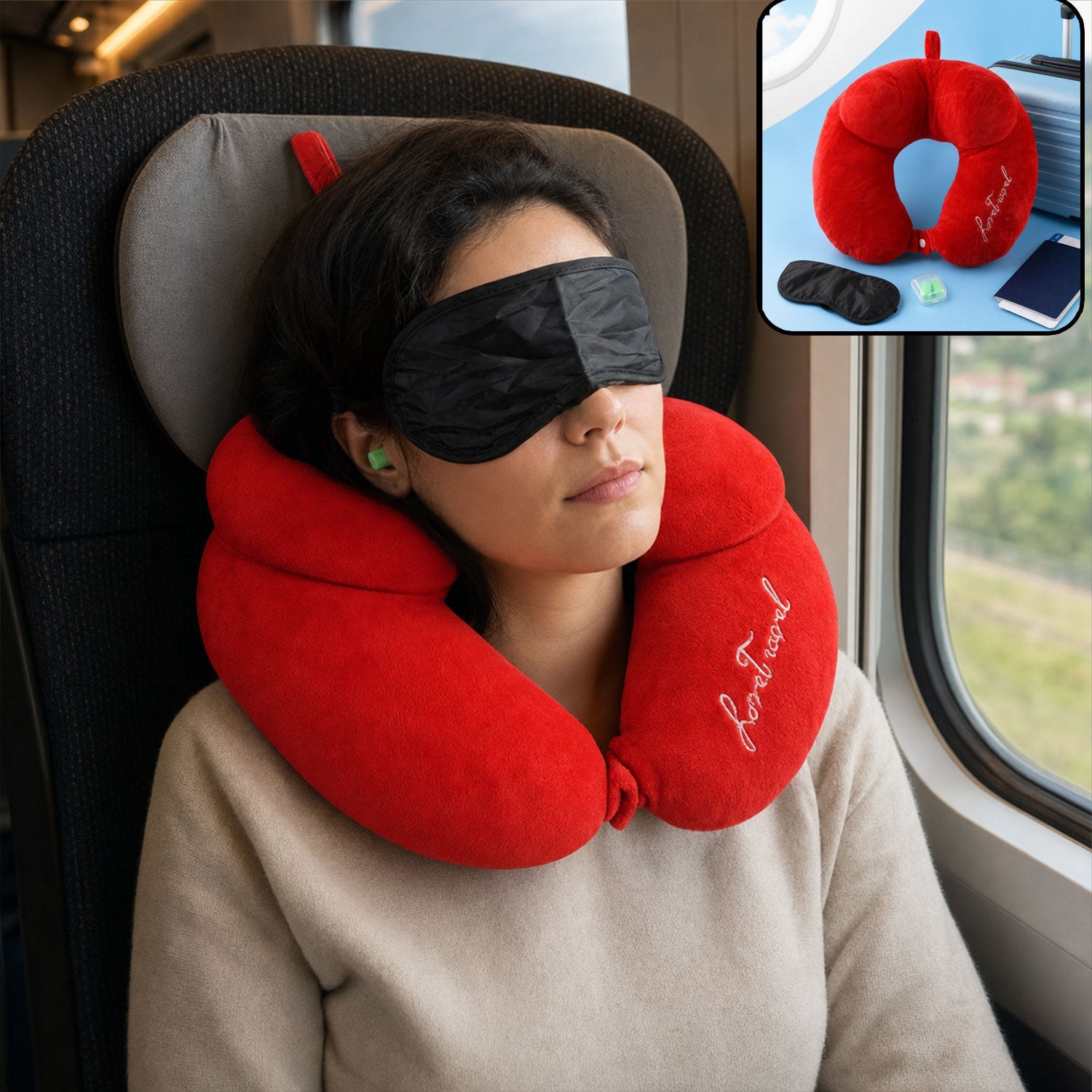 Wukusy 3-in-1 travel neck pillow with sleep eye mask and ear plugs, designed for comfort during trips.