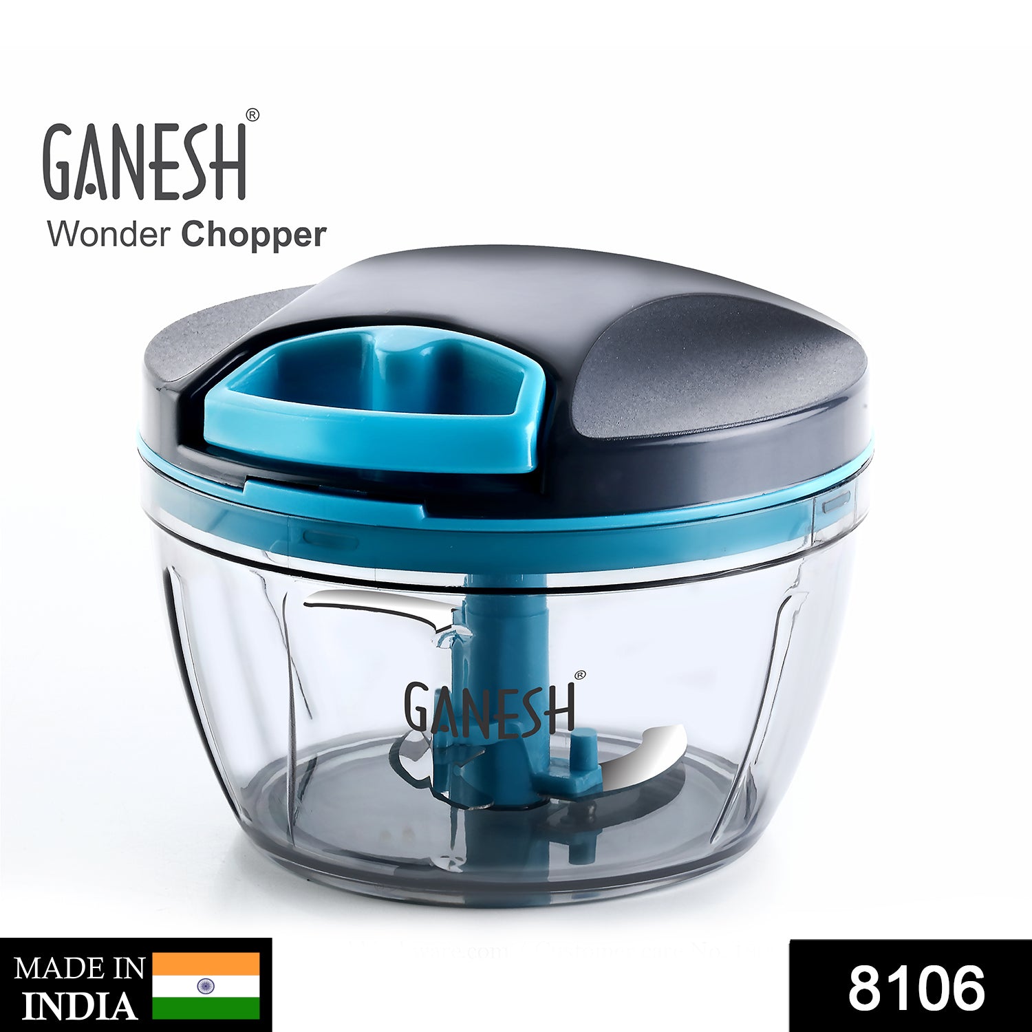 Wukusy 8106 Ganesh Wonder Chopper in grey with a 470ml capacity, showing the sleek design and compact size.