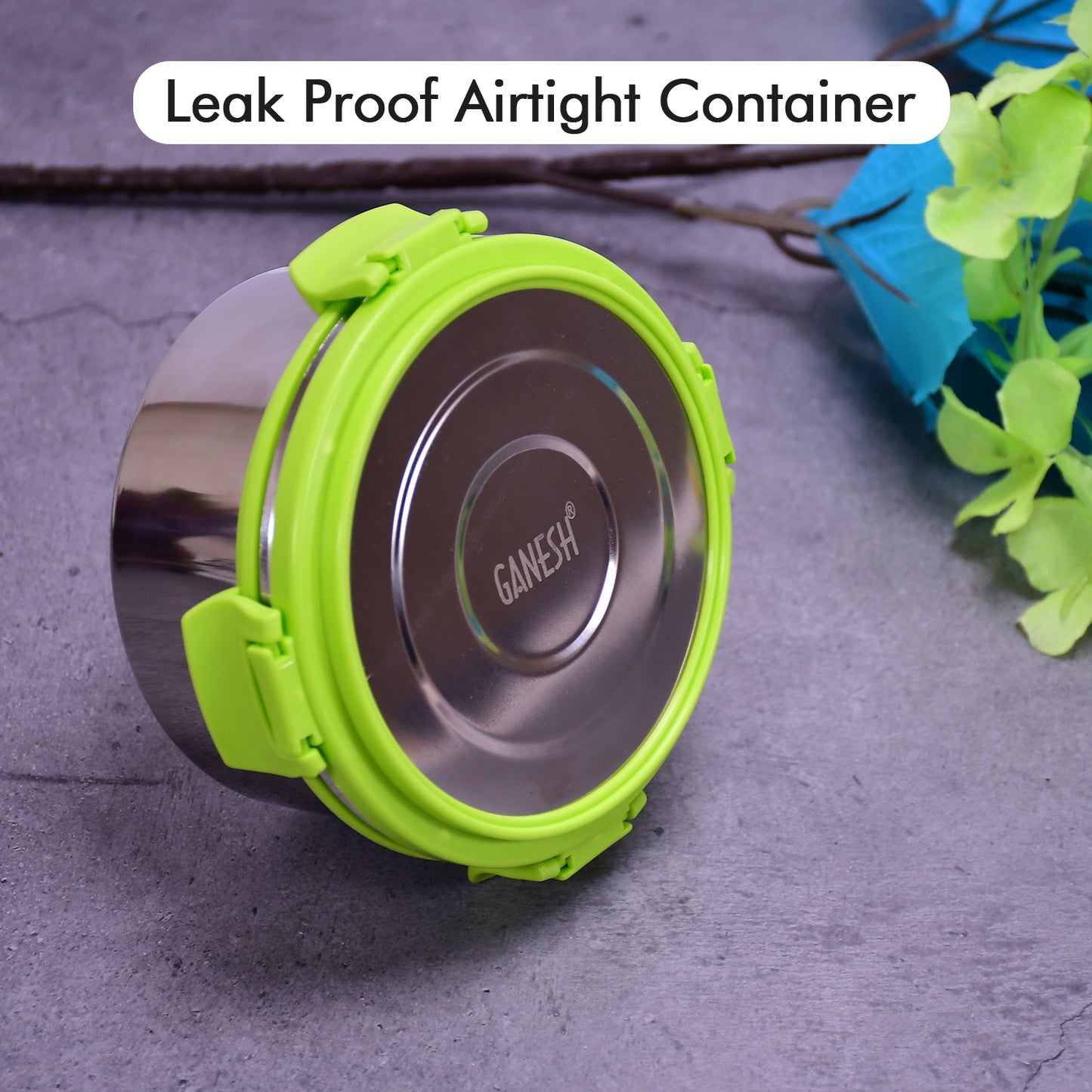 Wukusy Ganesh Solo Round 400 stainless steel leak-proof airtight lunch pack for office and school use, with a stainless steel finish.