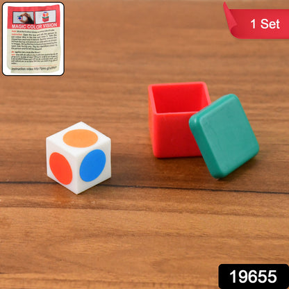 Wukusy Magic Colour Vision Dice Trick Toy set showing colorful plastic dice with optical illusions for entertainment and magic tricks.