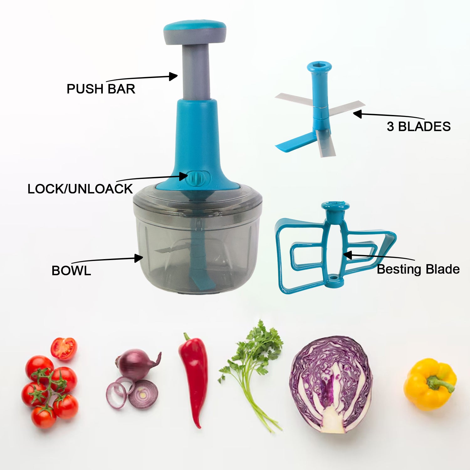 Wukusy Supermom Premium Tringo Push Chopper in white and green, kitchen tool with ergonomic handle and chopping blades.