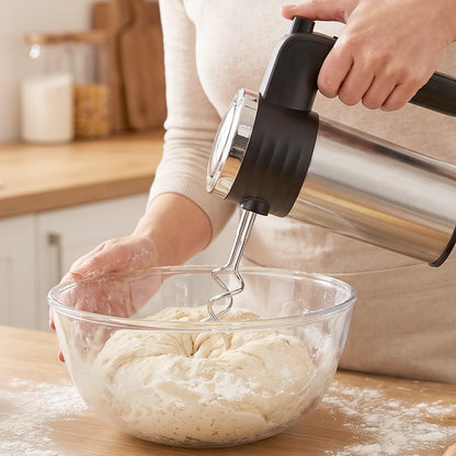 Wukusy 500W electric hand mixer with beaters and dough hooks for cake baking, shown with attached beaters and dough hooks.