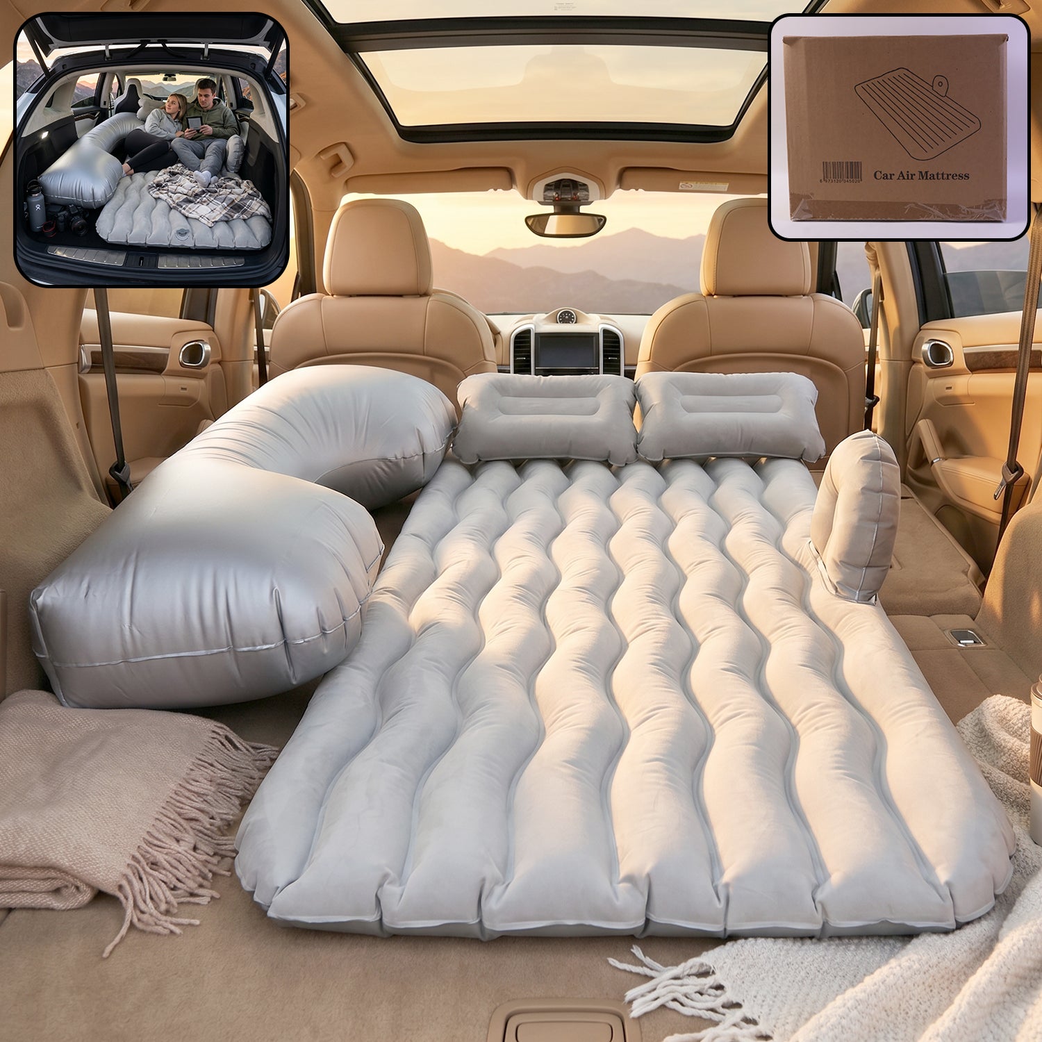 Grey portable Wukusy car air mattress bed set with pump and pillows, inflatable for comfort during travel or camping.