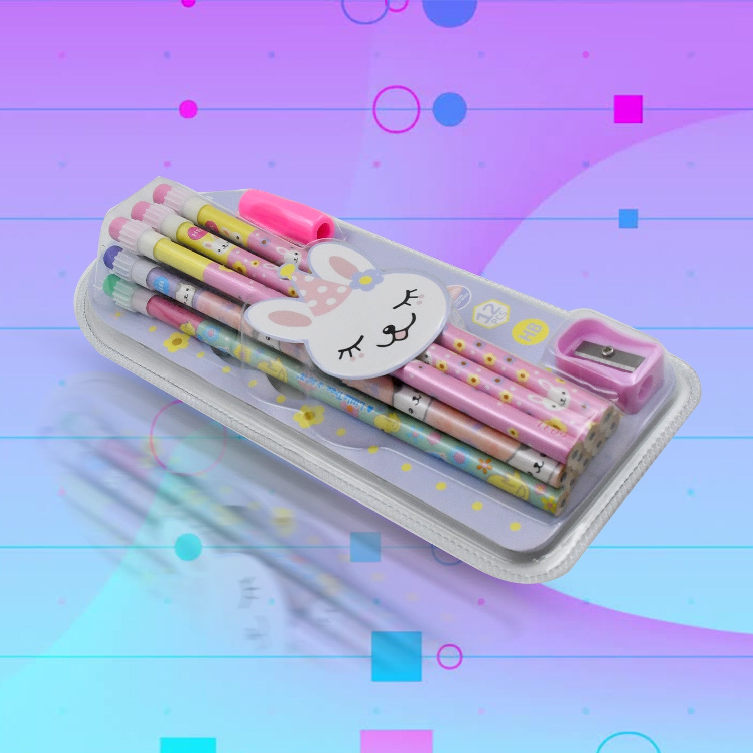 Wukusy 14-piece kids' stationery set with cute rabbit and bear graphite pencils, sharpener, eraser, and accessories for school and gifts.