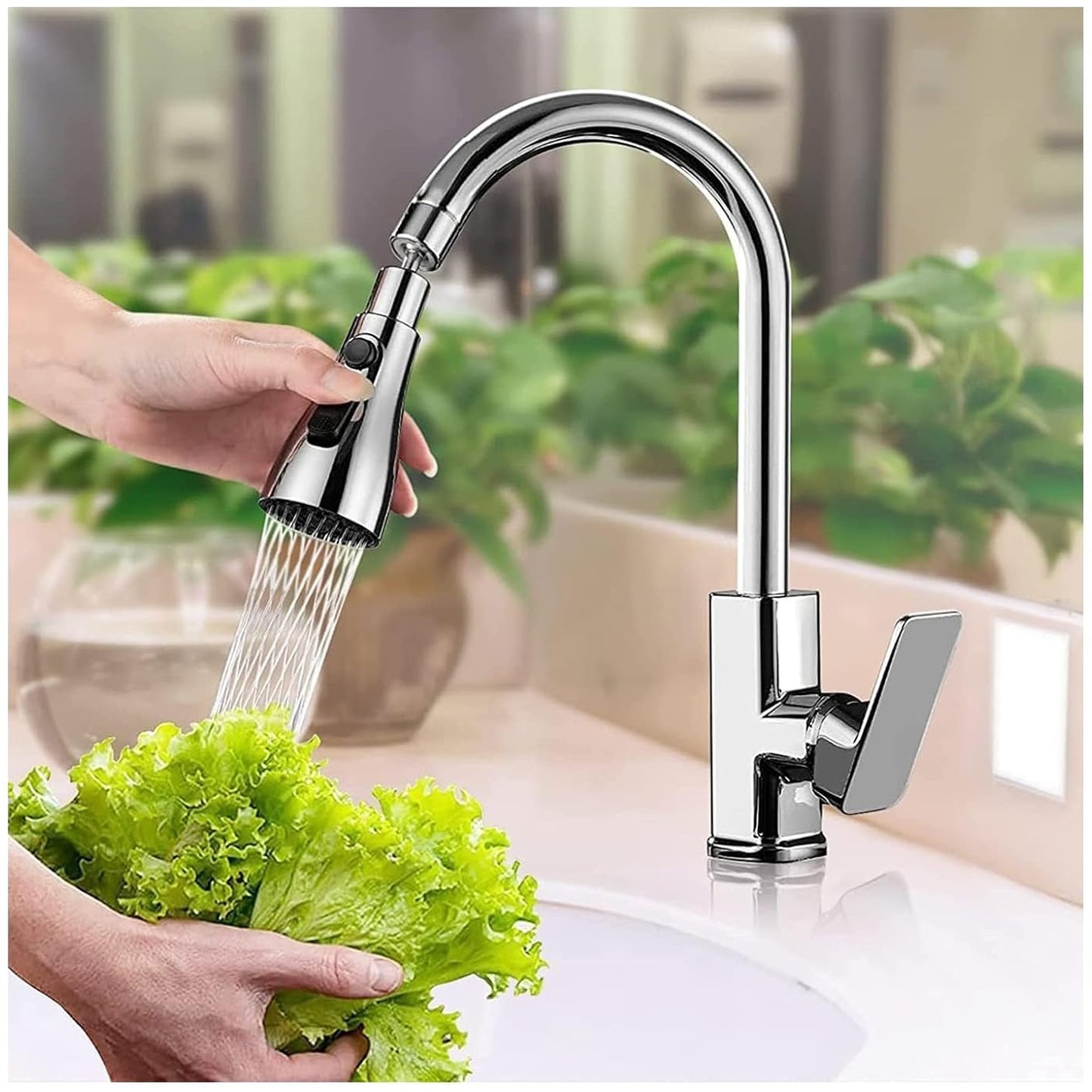 Wukusy kitchen faucet with 3-function pull-down sink sprayer, chrome finish, mounted on a kitchen sink for versatile water control