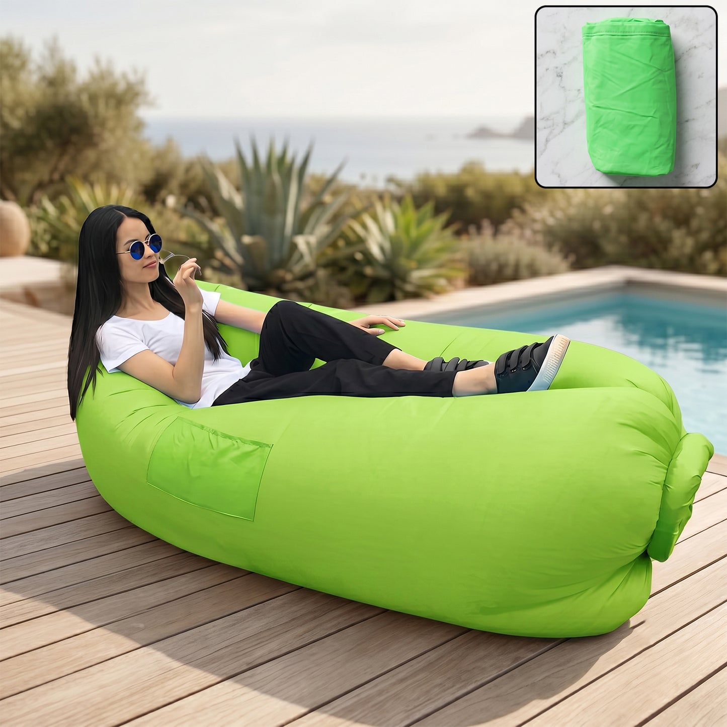 Wukusy inflatable air lounger sofa for outdoor relaxing and travel, shown inflated with a person lounging outdoors.